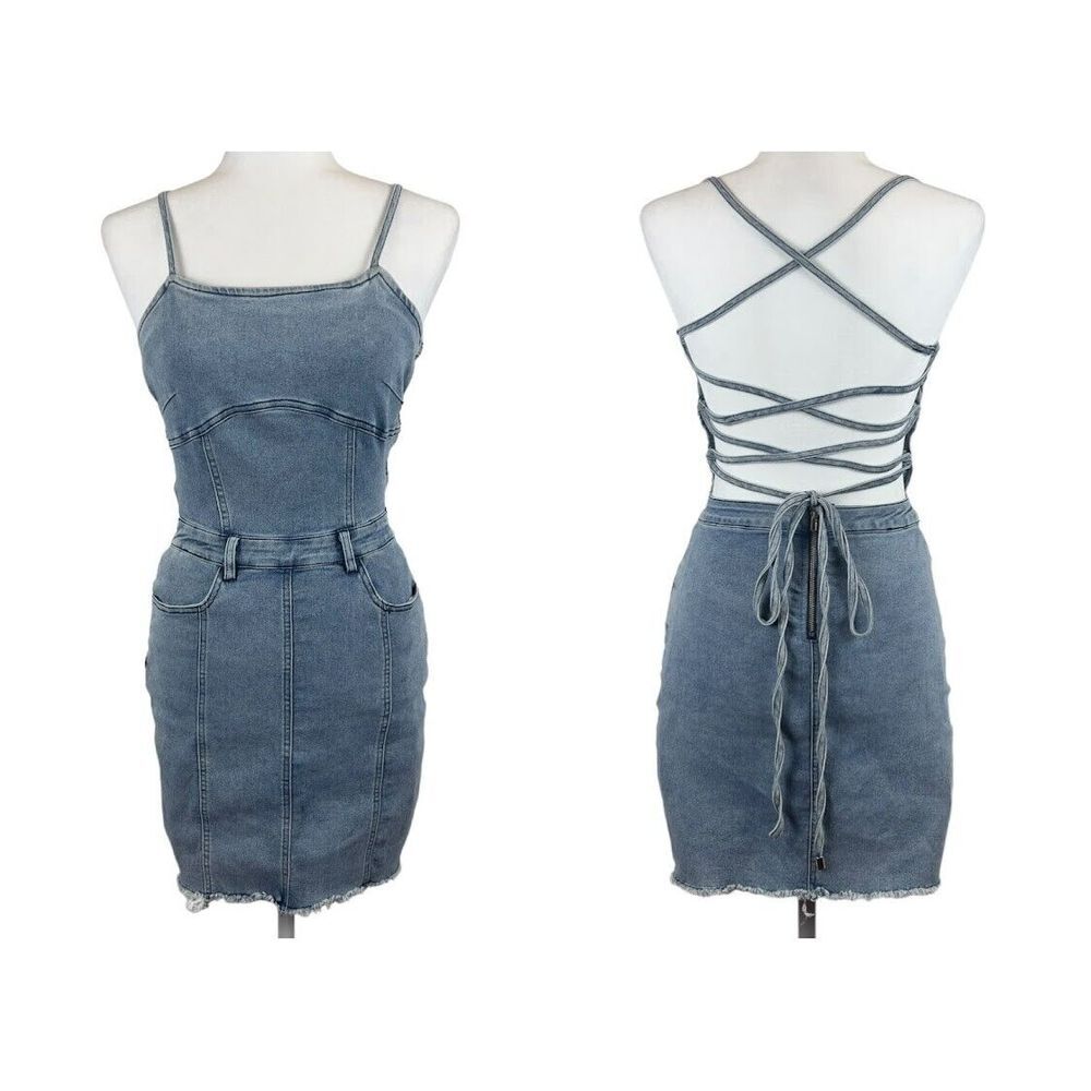 Celebrity Blue Denim Mini Dress Size Small Lace Up Back Tie Stretch Cotton Blend